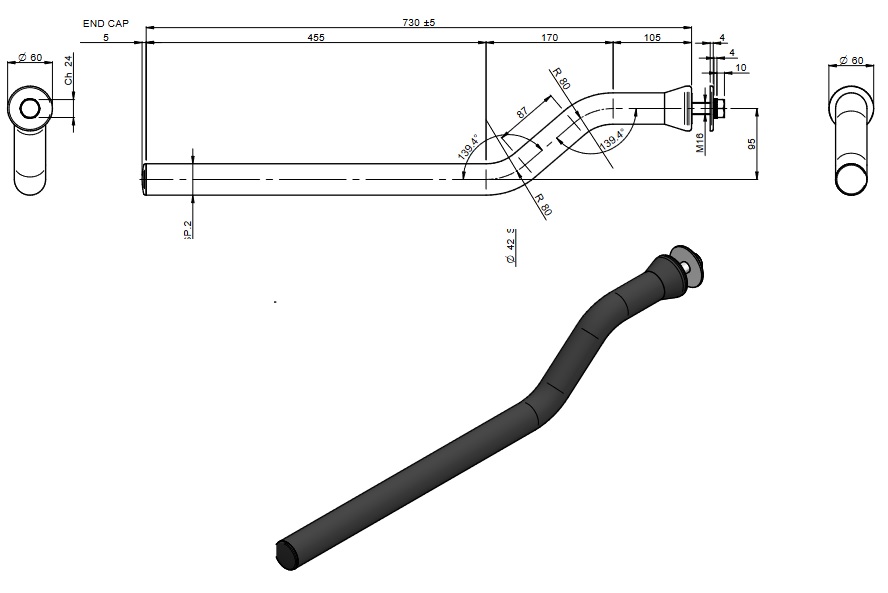 Mudguard bracket D42x2 mm L=730mm Steel-Galvanized-Black epoxy coat. DOUBLE BENT